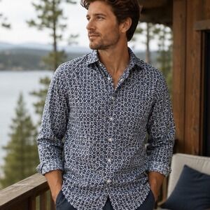 Eton Button Down Shirt Mens M Navy Blue Tropical Leaf Print Slim Fit 15.75